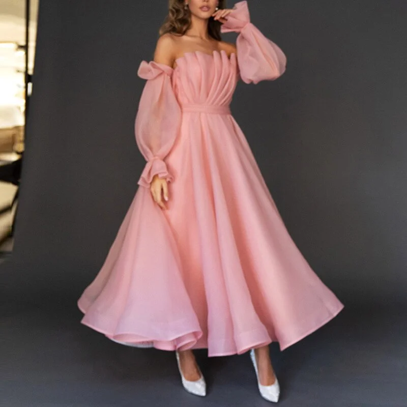 FashionSierra - New Arrival Pink Tea-Length Sexy Off Shoulder Prom Dresses