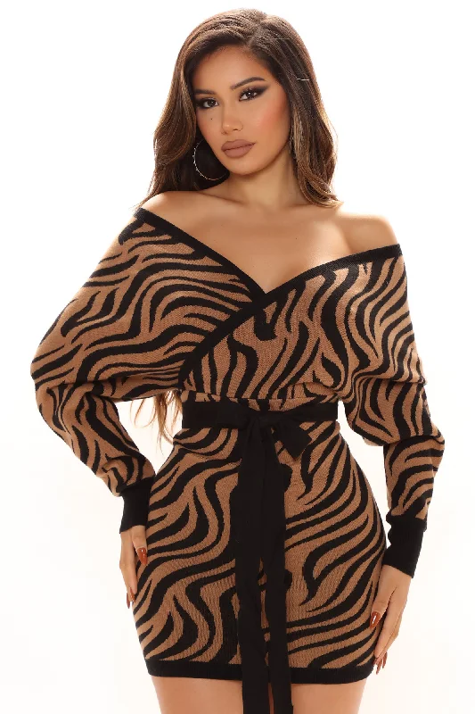 Free To Roam Zebra Sweater Dress - Brown/combo