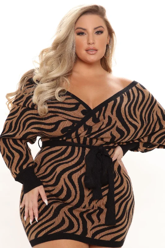 Free To Roam Zebra Sweater Dress - Brown/combo