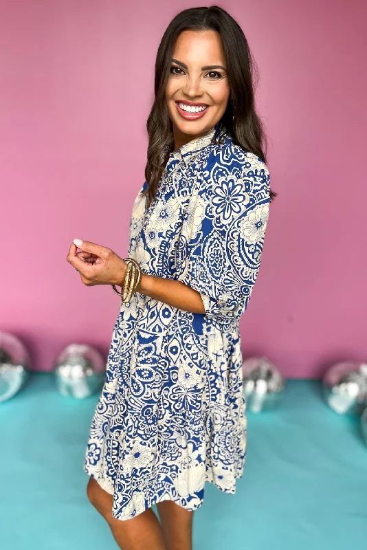 Blue Paisley Printed Two Tone Split Neck Collared Three Quarter Sleeve Dress