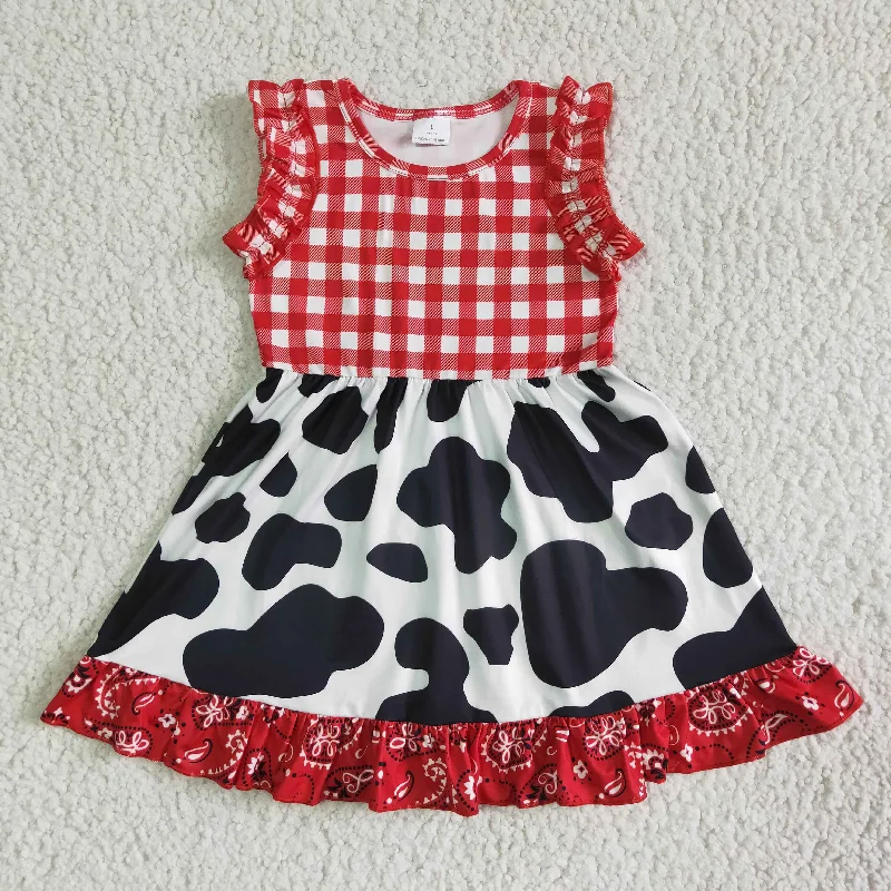 Cow red plaid cow print ruffle Dresses